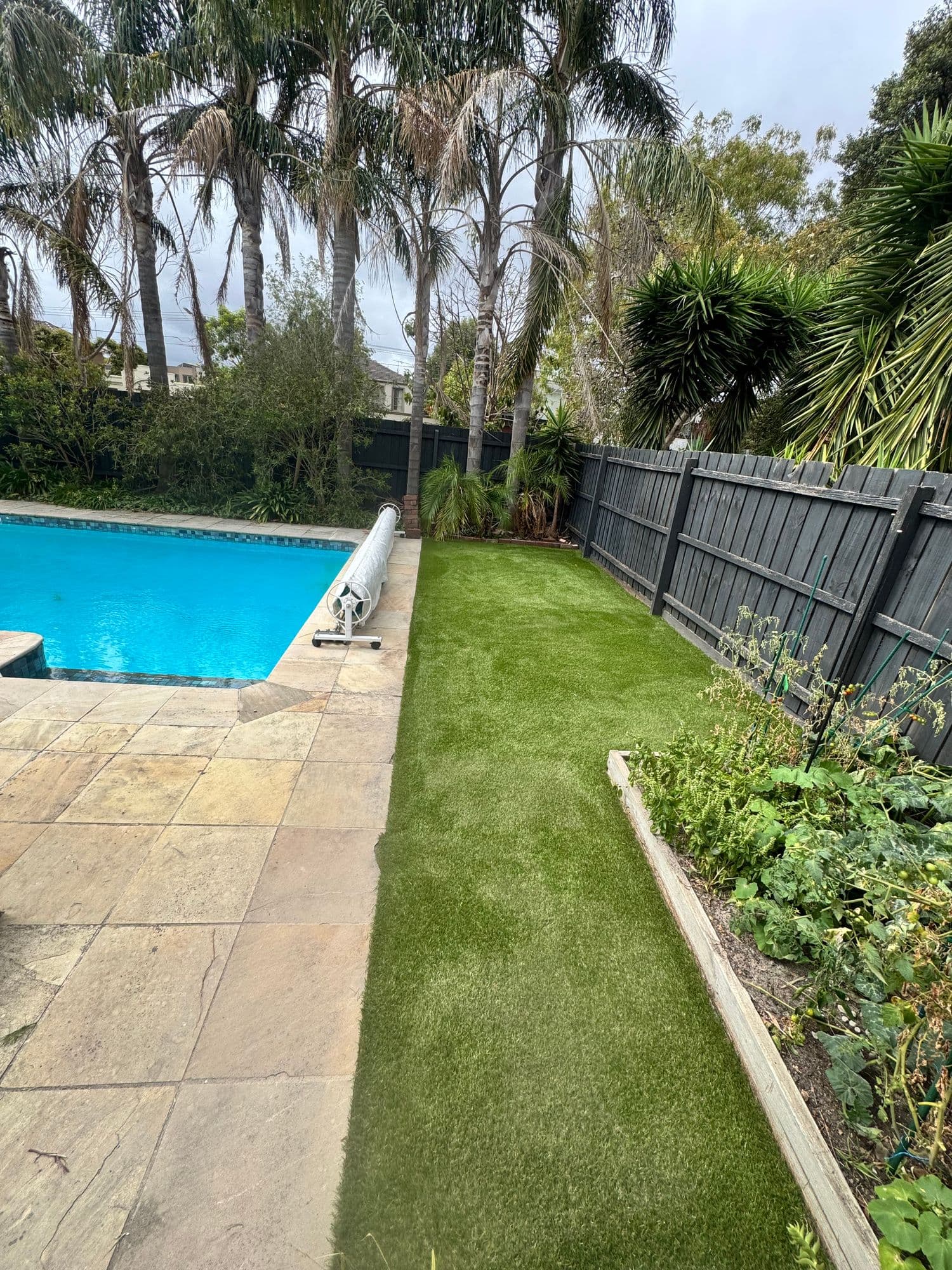 Artificial grass strip running beside a pool and a timber-edged garden bed