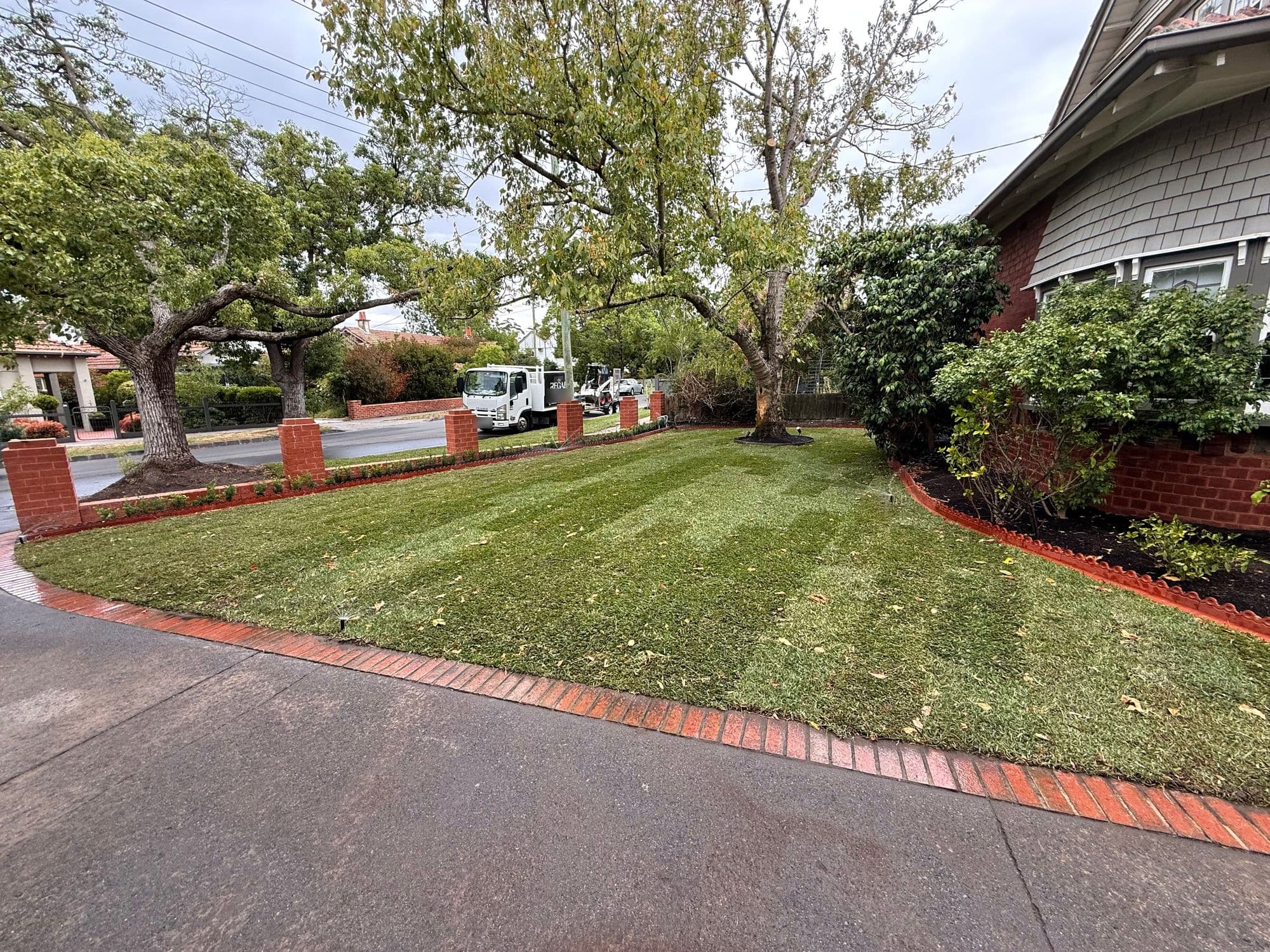 Striped Sir Walter buffalo front lawn with red brick edging at a Camberwell bungalow