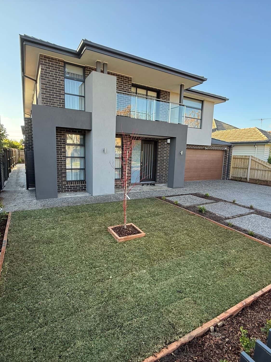 New Sir Walter buffalo front lawn with timber edging and a young tree at a new Bentleigh East home