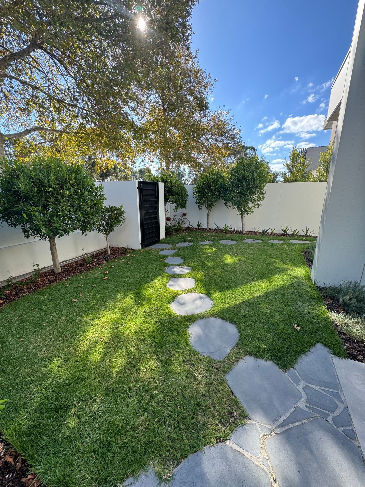 Bluestone stepping stones across a new lawn to a black gate, with crazy paving in front